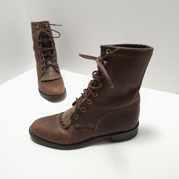 Justin Boots Shoes - Justin Womens McKean Lace Up Boots Size 5.5 B Brown Leather Kiltie Roper